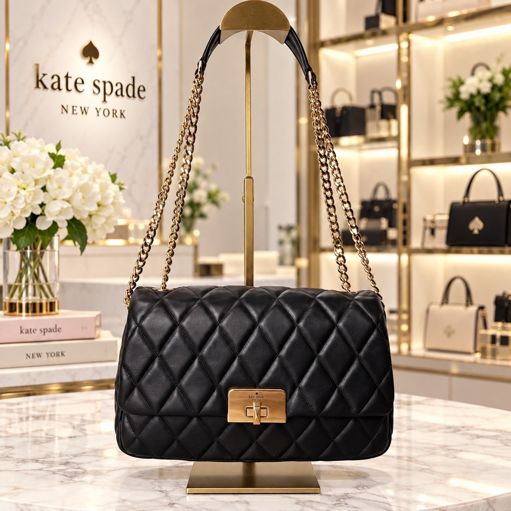 Kate Spade Carey Quilted Leather Flap Shoulder Bag Black Gold Hardware